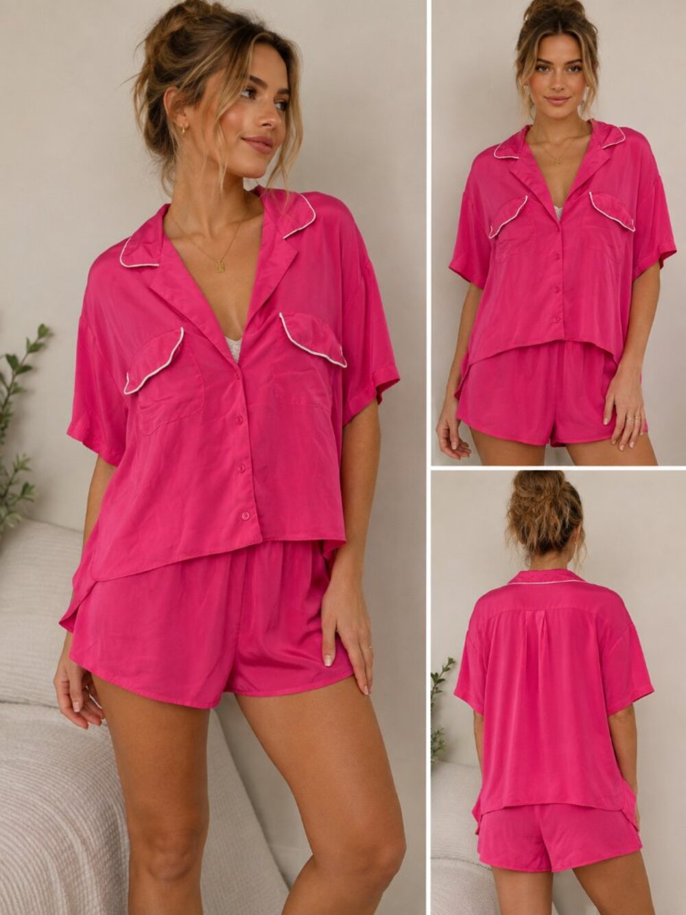 Fantasie by Morgan Taylor Satin Pajama Set L Hot Pink Button Top & Shorts